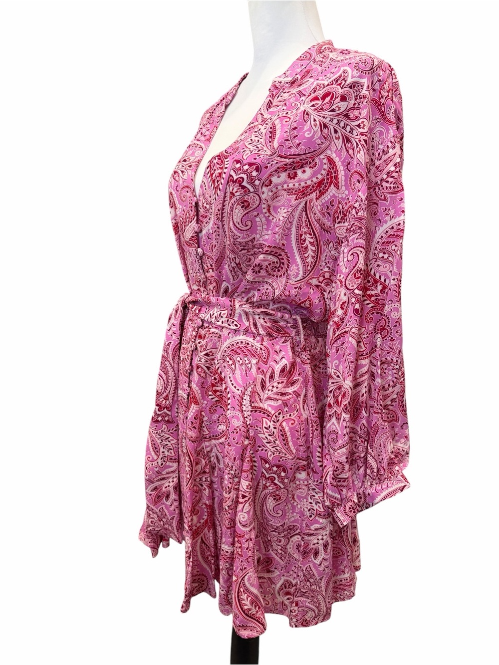 Zara Paisley Shirt Dress Tie Waist Button Front Ruffle Boho Pink XL RUNS SMALL - Picture 3 of 16
